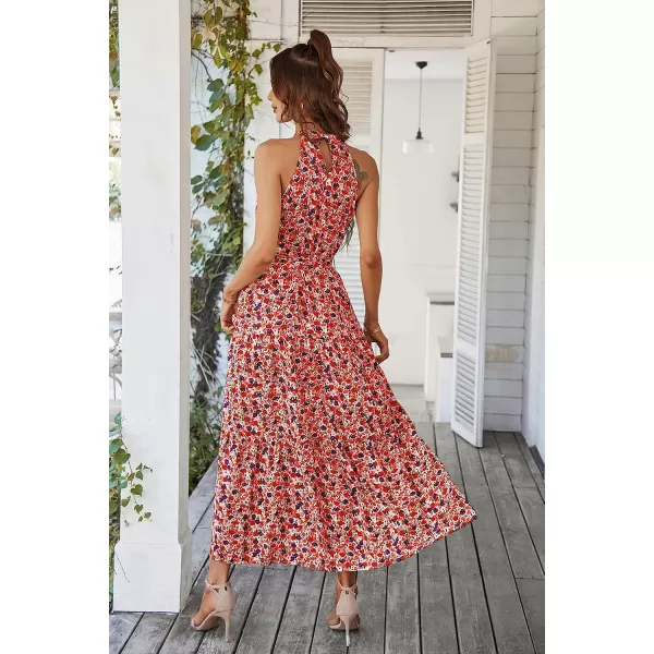 imagePRETTYGARDEN Womens Summer Floral Maxi Sun Dress Sleeveless Halter Neck Flowy Ruffle Hem Long Boho Dresses with BeltPink
