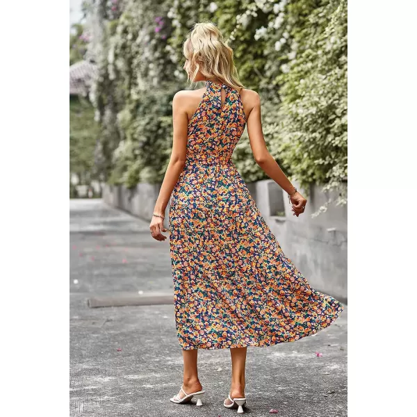 imagePRETTYGARDEN Womens Summer Floral Maxi Sun Dress Sleeveless Halter Neck Flowy Ruffle Hem Long Boho Dresses with BeltRoyal Blue