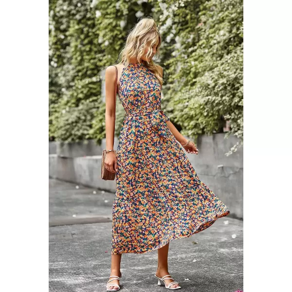 imagePRETTYGARDEN Womens Summer Floral Maxi Sun Dress Sleeveless Halter Neck Flowy Ruffle Hem Long Boho Dresses with BeltRoyal Blue
