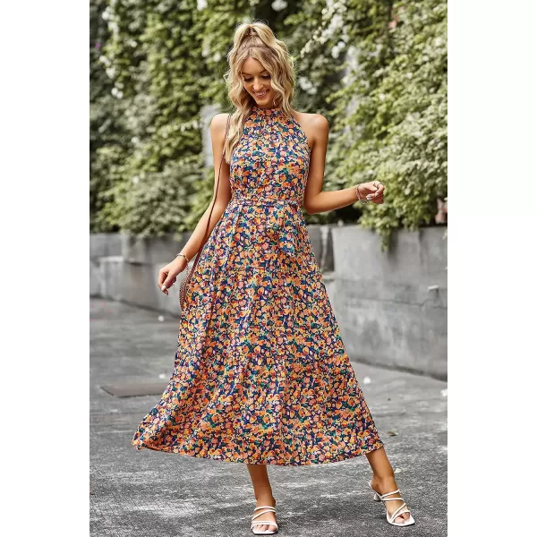 imagePRETTYGARDEN Womens Summer Floral Maxi Sun Dress Sleeveless Halter Neck Flowy Ruffle Hem Long Boho Dresses with BeltRoyal Blue