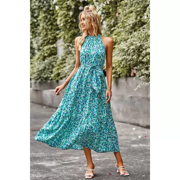 imagePRETTYGARDEN Womens Summer Floral Maxi Sun Dress Sleeveless Halter Neck Flowy Ruffle Hem Long Boho Dresses with BeltSky Blue