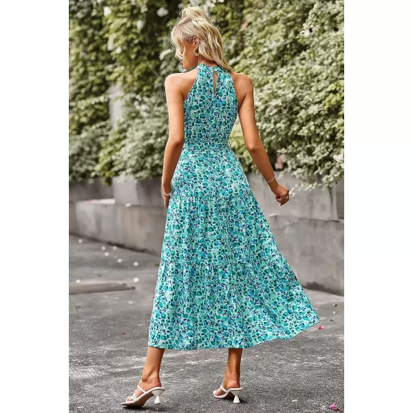 imagePRETTYGARDEN Womens Summer Floral Maxi Sun Dress Sleeveless Halter Neck Flowy Ruffle Hem Long Boho Dresses with BeltSky Blue