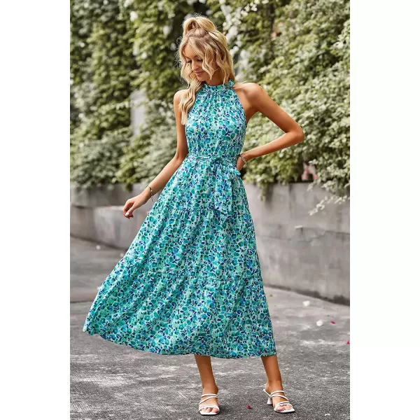 imagePRETTYGARDEN Womens Summer Floral Maxi Sun Dress Sleeveless Halter Neck Flowy Ruffle Hem Long Boho Dresses with BeltSky Blue