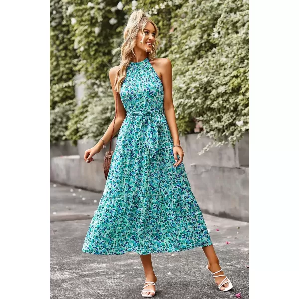 imagePRETTYGARDEN Womens Summer Floral Maxi Sun Dress Sleeveless Halter Neck Flowy Ruffle Hem Long Boho Dresses with BeltSky Blue