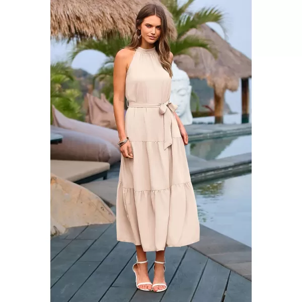 imagePRETTYGARDEN Womens Summer Floral Maxi Sun Dress Sleeveless Halter Neck Flowy Ruffle Hem Long Boho Dresses with BeltSolid Beige