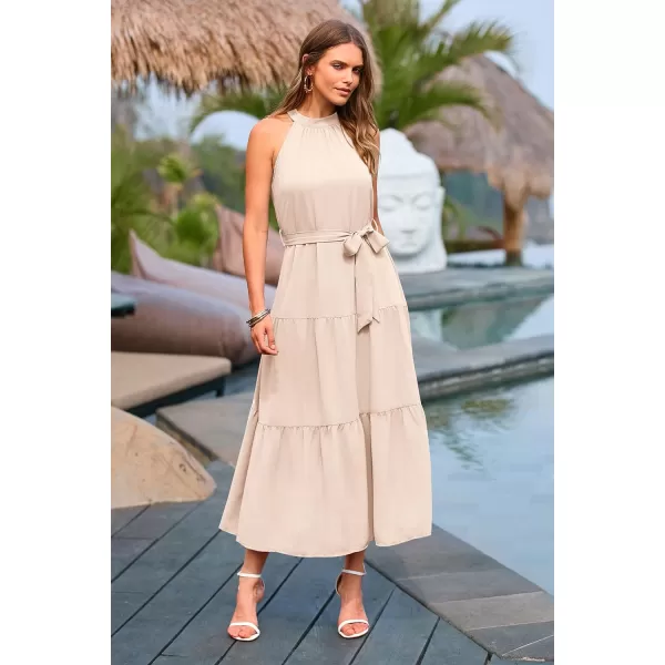 imagePRETTYGARDEN Womens Summer Floral Maxi Sun Dress Sleeveless Halter Neck Flowy Ruffle Hem Long Boho Dresses with BeltSolid Beige