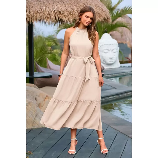 imagePRETTYGARDEN Womens Summer Floral Maxi Sun Dress Sleeveless Halter Neck Flowy Ruffle Hem Long Boho Dresses with BeltSolid Beige