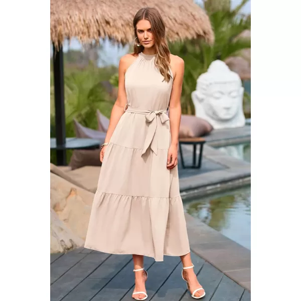 imagePRETTYGARDEN Womens Summer Floral Maxi Sun Dress Sleeveless Halter Neck Flowy Ruffle Hem Long Boho Dresses with BeltSolid Beige