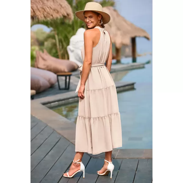 imagePRETTYGARDEN Womens Summer Floral Maxi Sun Dress Sleeveless Halter Neck Flowy Ruffle Hem Long Boho Dresses with BeltSolid Beige