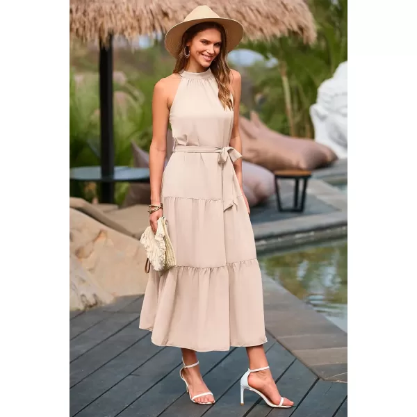 imagePRETTYGARDEN Womens Summer Floral Maxi Sun Dress Sleeveless Halter Neck Flowy Ruffle Hem Long Boho Dresses with BeltSolid Beige