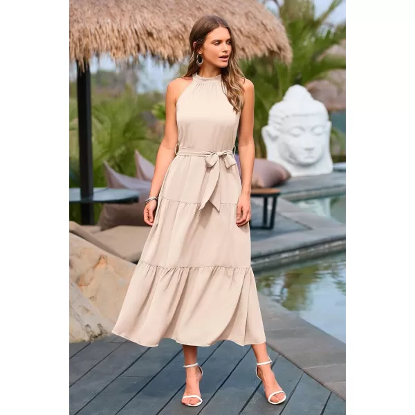 imagePRETTYGARDEN Womens Summer Floral Maxi Sun Dress Sleeveless Halter Neck Flowy Ruffle Hem Long Boho Dresses with BeltSolid Beige