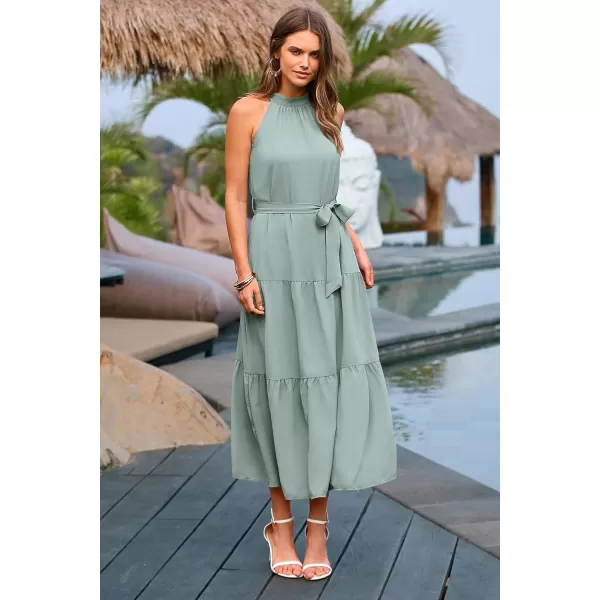 imagePRETTYGARDEN Womens Summer Floral Maxi Sun Dress Sleeveless Halter Neck Flowy Ruffle Hem Long Boho Dresses with BeltSolid Light Green