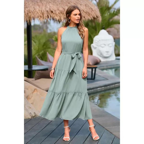 imagePRETTYGARDEN Womens Summer Floral Maxi Sun Dress Sleeveless Halter Neck Flowy Ruffle Hem Long Boho Dresses with BeltSolid Light Green