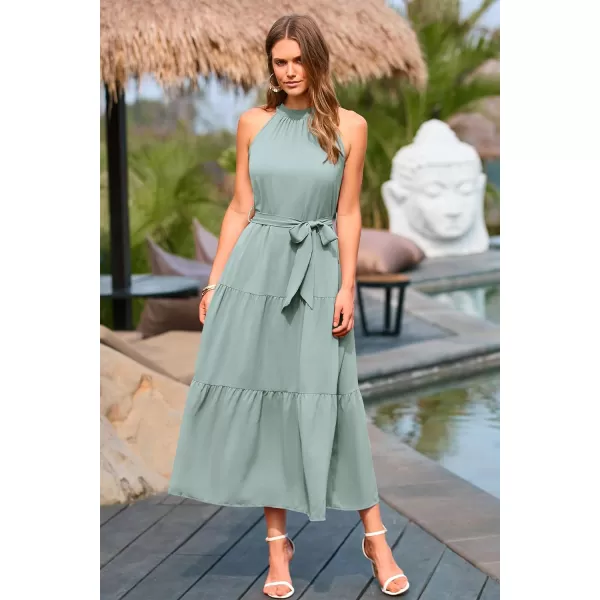 imagePRETTYGARDEN Womens Summer Floral Maxi Sun Dress Sleeveless Halter Neck Flowy Ruffle Hem Long Boho Dresses with BeltSolid Light Green