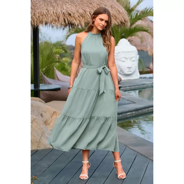 imagePRETTYGARDEN Womens Summer Floral Maxi Sun Dress Sleeveless Halter Neck Flowy Ruffle Hem Long Boho Dresses with BeltSolid Light Green