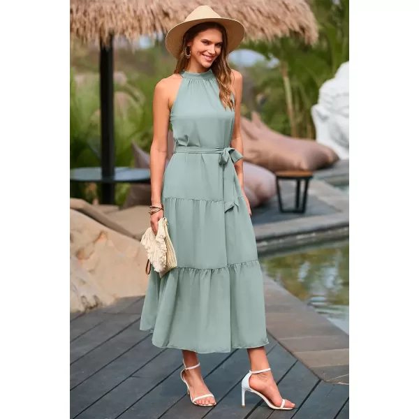 imagePRETTYGARDEN Womens Summer Floral Maxi Sun Dress Sleeveless Halter Neck Flowy Ruffle Hem Long Boho Dresses with BeltSolid Light Green