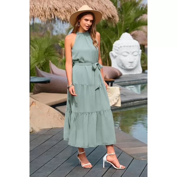 imagePRETTYGARDEN Womens Summer Floral Maxi Sun Dress Sleeveless Halter Neck Flowy Ruffle Hem Long Boho Dresses with BeltSolid Light Green
