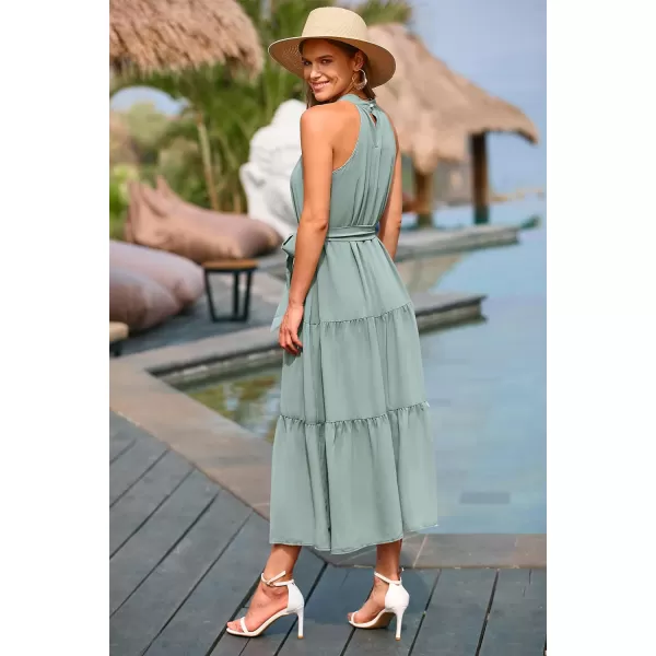 imagePRETTYGARDEN Womens Summer Floral Maxi Sun Dress Sleeveless Halter Neck Flowy Ruffle Hem Long Boho Dresses with BeltSolid Light Green