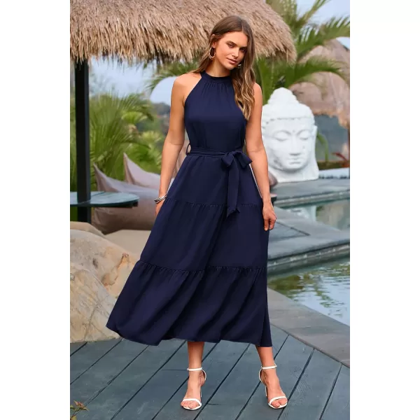 imagePRETTYGARDEN Womens Summer Floral Maxi Sun Dress Sleeveless Halter Neck Flowy Ruffle Hem Long Boho Dresses with BeltSolid Navy