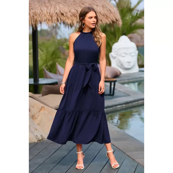 imagePRETTYGARDEN Womens Summer Floral Maxi Sun Dress Sleeveless Halter Neck Flowy Ruffle Hem Long Boho Dresses with BeltSolid Navy