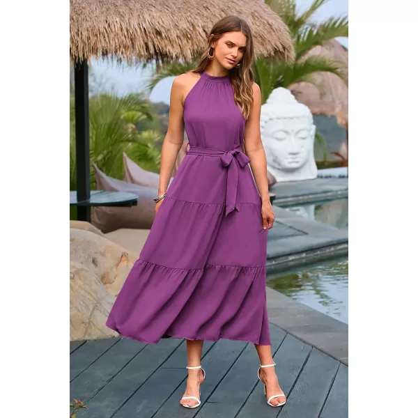 imagePRETTYGARDEN Womens Summer Floral Maxi Sun Dress Sleeveless Halter Neck Flowy Ruffle Hem Long Boho Dresses with BeltSolid Purple