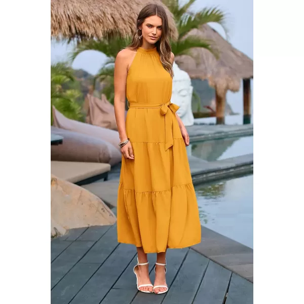 imagePRETTYGARDEN Womens Summer Floral Maxi Sun Dress Sleeveless Halter Neck Flowy Ruffle Hem Long Boho Dresses with BeltSolid Turmeric
