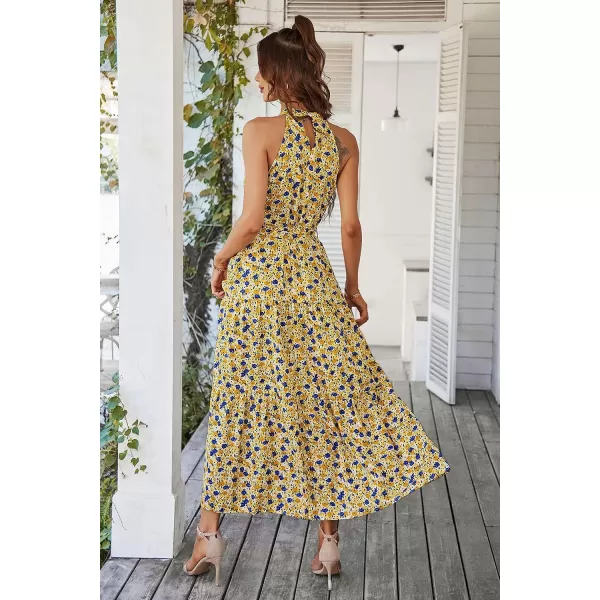 imagePRETTYGARDEN Womens Summer Floral Maxi Sun Dress Sleeveless Halter Neck Flowy Ruffle Hem Long Boho Dresses with BeltYellow