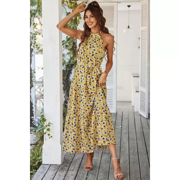 imagePRETTYGARDEN Womens Summer Floral Maxi Sun Dress Sleeveless Halter Neck Flowy Ruffle Hem Long Boho Dresses with BeltYellow