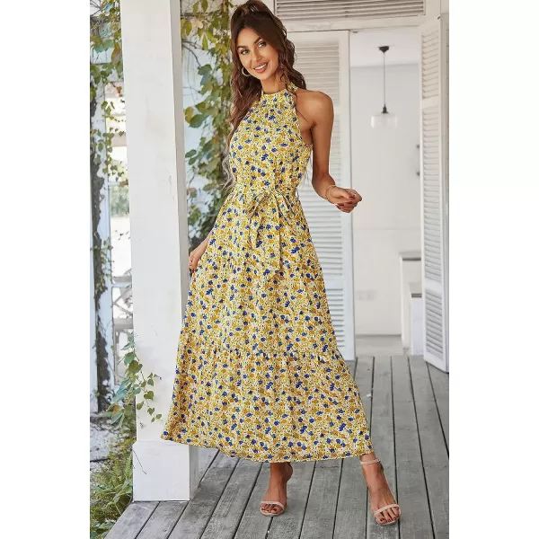 imagePRETTYGARDEN Womens Summer Floral Maxi Sun Dress Sleeveless Halter Neck Flowy Ruffle Hem Long Boho Dresses with BeltYellow