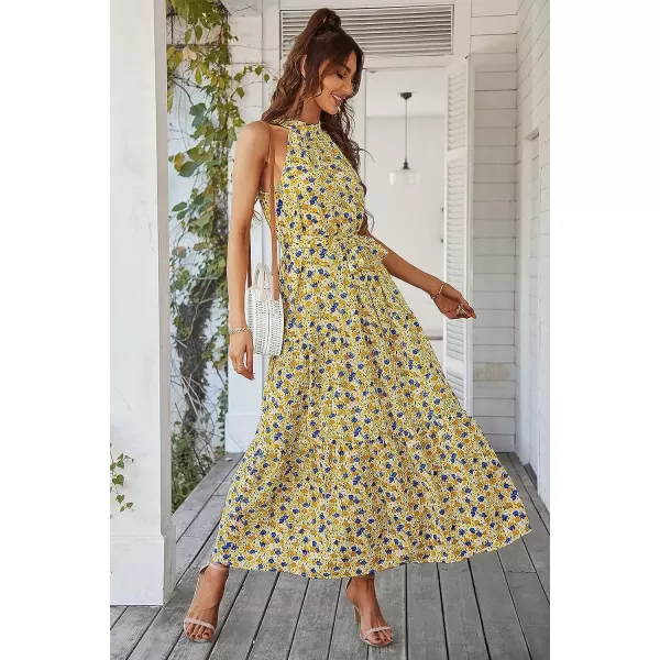 imagePRETTYGARDEN Womens Summer Floral Maxi Sun Dress Sleeveless Halter Neck Flowy Ruffle Hem Long Boho Dresses with BeltYellow