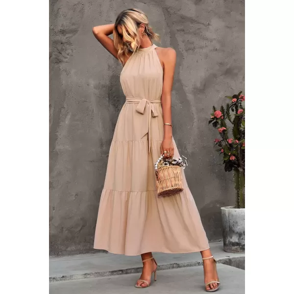 imagePRETTYGARDEN Womens Summer Floral Maxi Sun Dress Sleeveless Halter Neck Flowy Ruffle Hem Long Boho Dresses with BeltZapricot