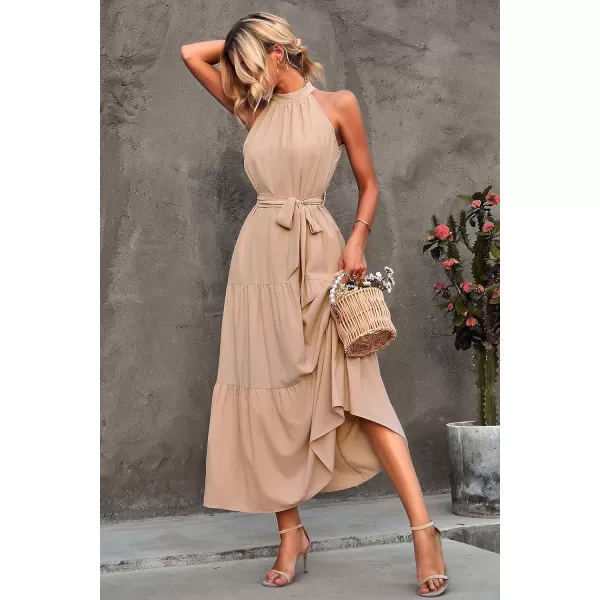 imagePRETTYGARDEN Womens Summer Floral Maxi Sun Dress Sleeveless Halter Neck Flowy Ruffle Hem Long Boho Dresses with BeltZapricot