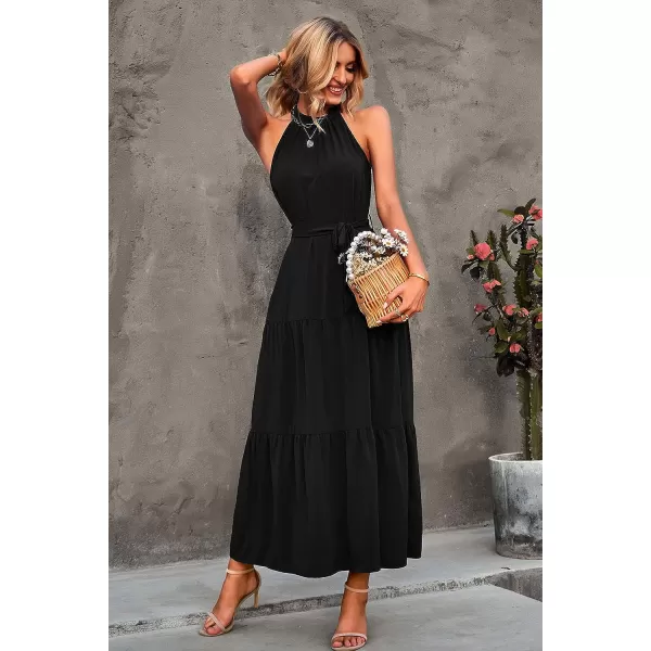 imagePRETTYGARDEN Womens Summer Floral Maxi Sun Dress Sleeveless Halter Neck Flowy Ruffle Hem Long Boho Dresses with BeltZblack