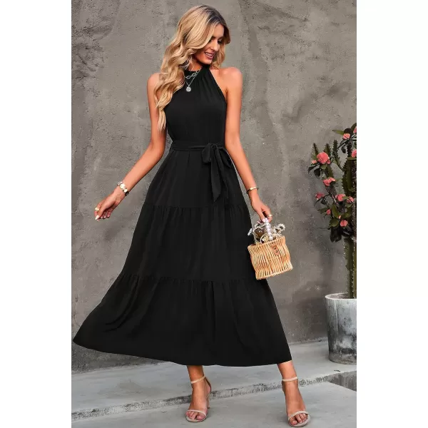 imagePRETTYGARDEN Womens Summer Floral Maxi Sun Dress Sleeveless Halter Neck Flowy Ruffle Hem Long Boho Dresses with BeltZblack