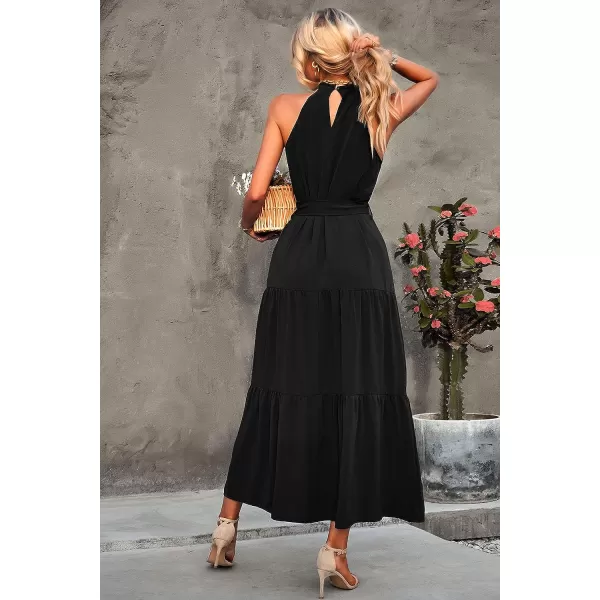 imagePRETTYGARDEN Womens Summer Floral Maxi Sun Dress Sleeveless Halter Neck Flowy Ruffle Hem Long Boho Dresses with BeltZblack