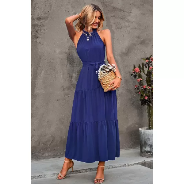 imagePRETTYGARDEN Womens Summer Floral Maxi Sun Dress Sleeveless Halter Neck Flowy Ruffle Hem Long Boho Dresses with BeltZblue