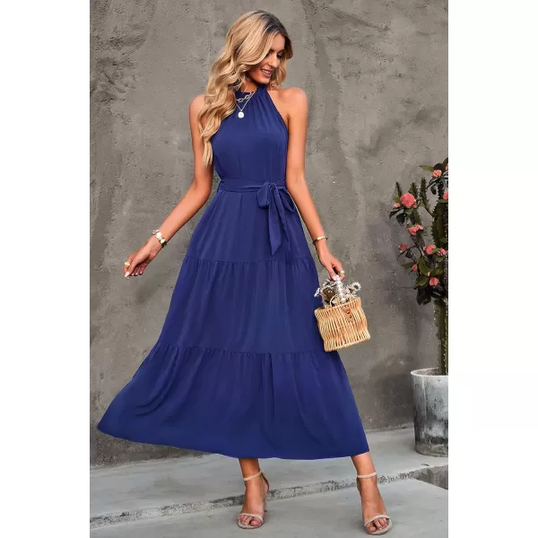 imagePRETTYGARDEN Womens Summer Floral Maxi Sun Dress Sleeveless Halter Neck Flowy Ruffle Hem Long Boho Dresses with BeltZblue