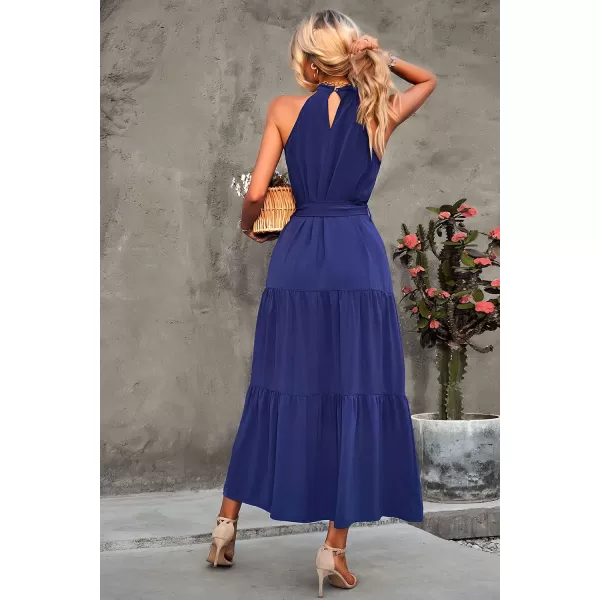 imagePRETTYGARDEN Womens Summer Floral Maxi Sun Dress Sleeveless Halter Neck Flowy Ruffle Hem Long Boho Dresses with BeltZblue
