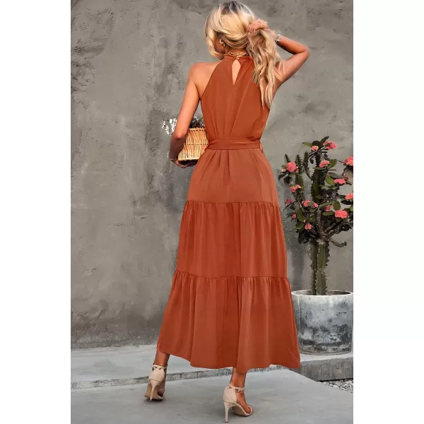 imagePRETTYGARDEN Womens Summer Floral Maxi Sun Dress Sleeveless Halter Neck Flowy Ruffle Hem Long Boho Dresses with BeltZbrown