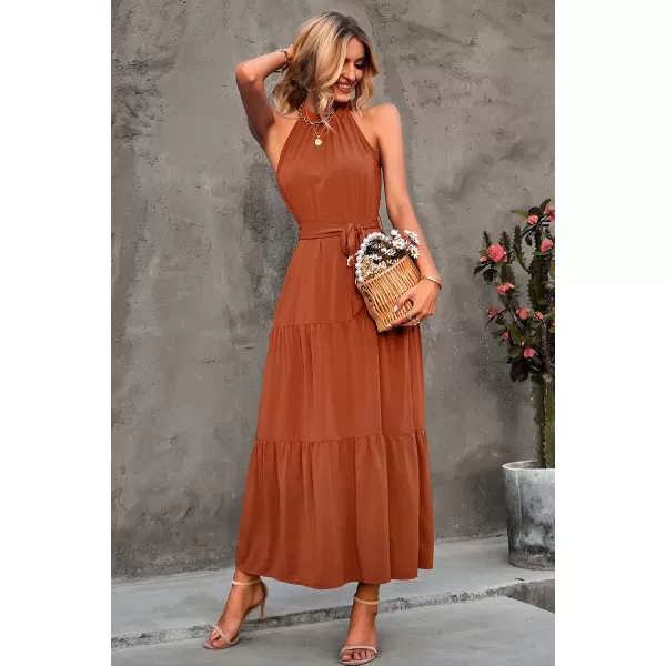 imagePRETTYGARDEN Womens Summer Floral Maxi Sun Dress Sleeveless Halter Neck Flowy Ruffle Hem Long Boho Dresses with BeltZbrown