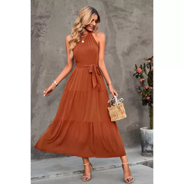imagePRETTYGARDEN Womens Summer Floral Maxi Sun Dress Sleeveless Halter Neck Flowy Ruffle Hem Long Boho Dresses with BeltZbrown