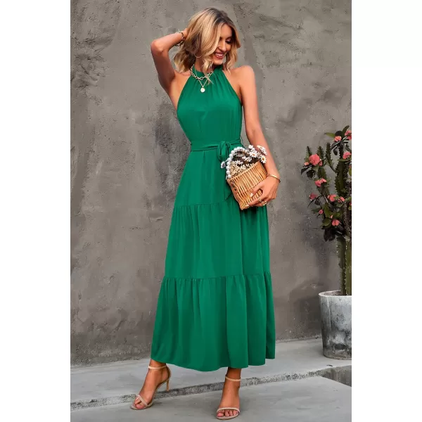 imagePRETTYGARDEN Womens Summer Floral Maxi Sun Dress Sleeveless Halter Neck Flowy Ruffle Hem Long Boho Dresses with BeltZgreen