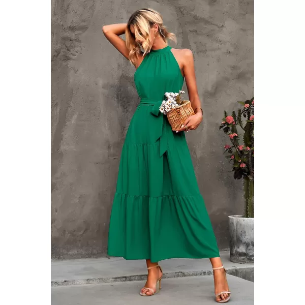 imagePRETTYGARDEN Womens Summer Floral Maxi Sun Dress Sleeveless Halter Neck Flowy Ruffle Hem Long Boho Dresses with BeltZgreen