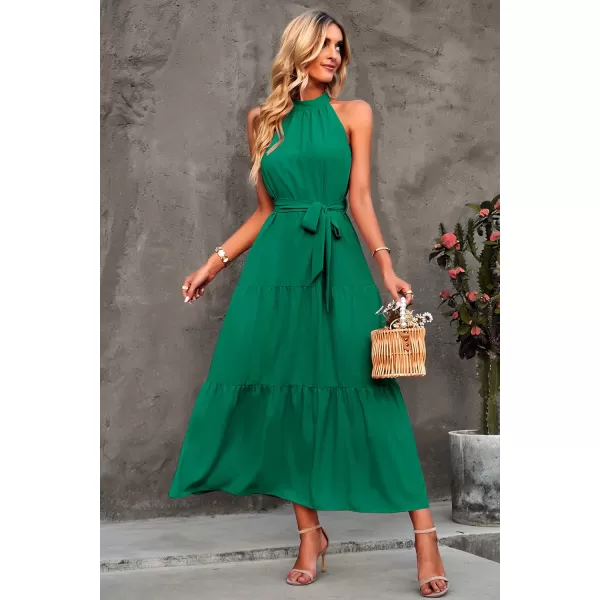 imagePRETTYGARDEN Womens Summer Floral Maxi Sun Dress Sleeveless Halter Neck Flowy Ruffle Hem Long Boho Dresses with BeltZgreen