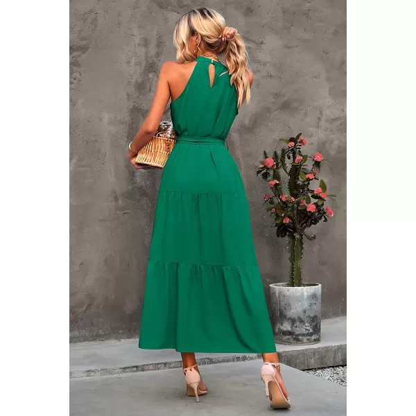 imagePRETTYGARDEN Womens Summer Floral Maxi Sun Dress Sleeveless Halter Neck Flowy Ruffle Hem Long Boho Dresses with BeltZgreen