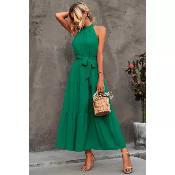imagePRETTYGARDEN Womens Summer Floral Maxi Sun Dress Sleeveless Halter Neck Flowy Ruffle Hem Long Boho Dresses with BeltZgreen