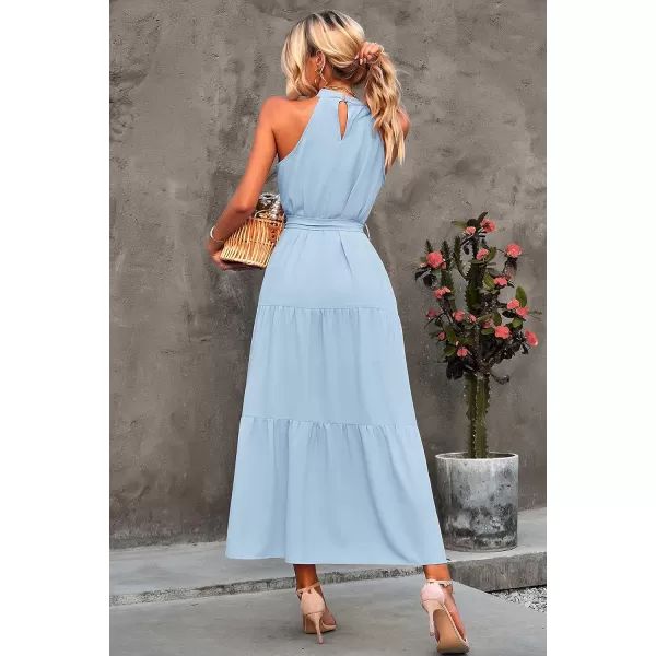 imagePRETTYGARDEN Womens Summer Floral Maxi Sun Dress Sleeveless Halter Neck Flowy Ruffle Hem Long Boho Dresses with BeltZlight Blue