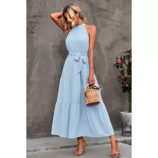imagePRETTYGARDEN Womens Summer Floral Maxi Sun Dress Sleeveless Halter Neck Flowy Ruffle Hem Long Boho Dresses with BeltZlight Blue