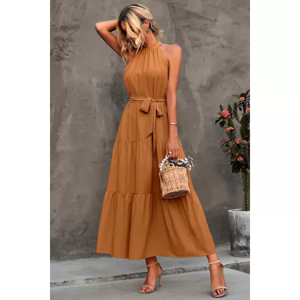 imagePRETTYGARDEN Womens Summer Floral Maxi Sun Dress Sleeveless Halter Neck Flowy Ruffle Hem Long Boho Dresses with BeltZlight Brown