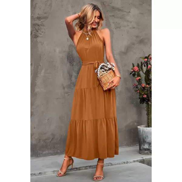 imagePRETTYGARDEN Womens Summer Floral Maxi Sun Dress Sleeveless Halter Neck Flowy Ruffle Hem Long Boho Dresses with BeltZlight Brown